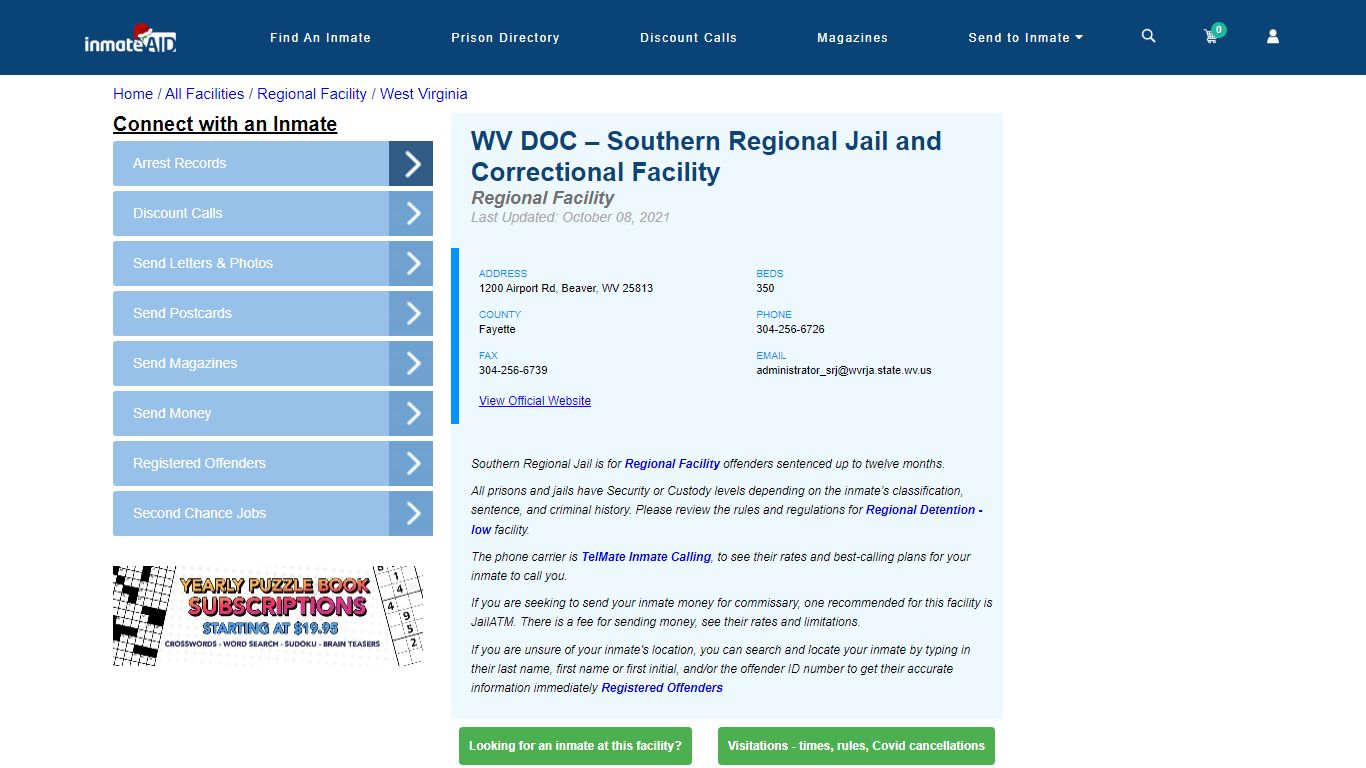 WV DOC – Southern Regional Jail and Correctional Facility